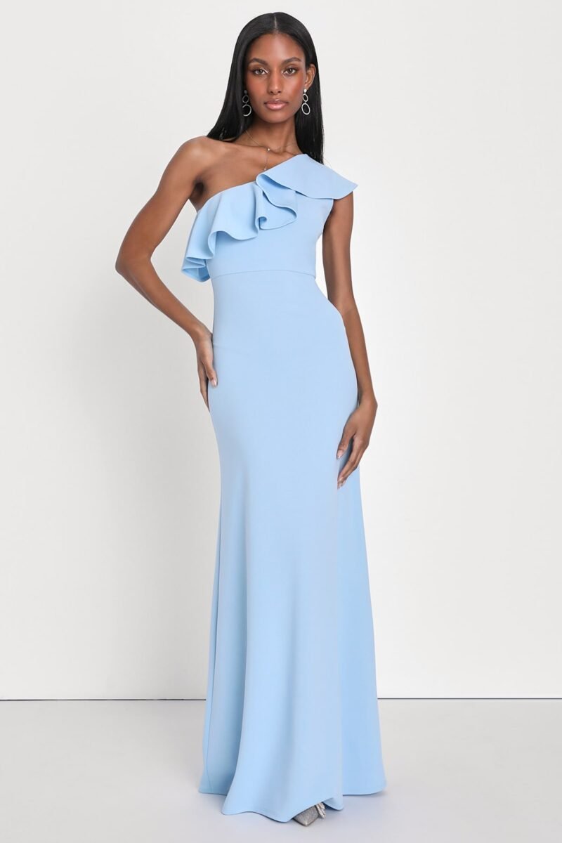Last Forever Powder Blue One Shoulder Ruffle Maxi Dress