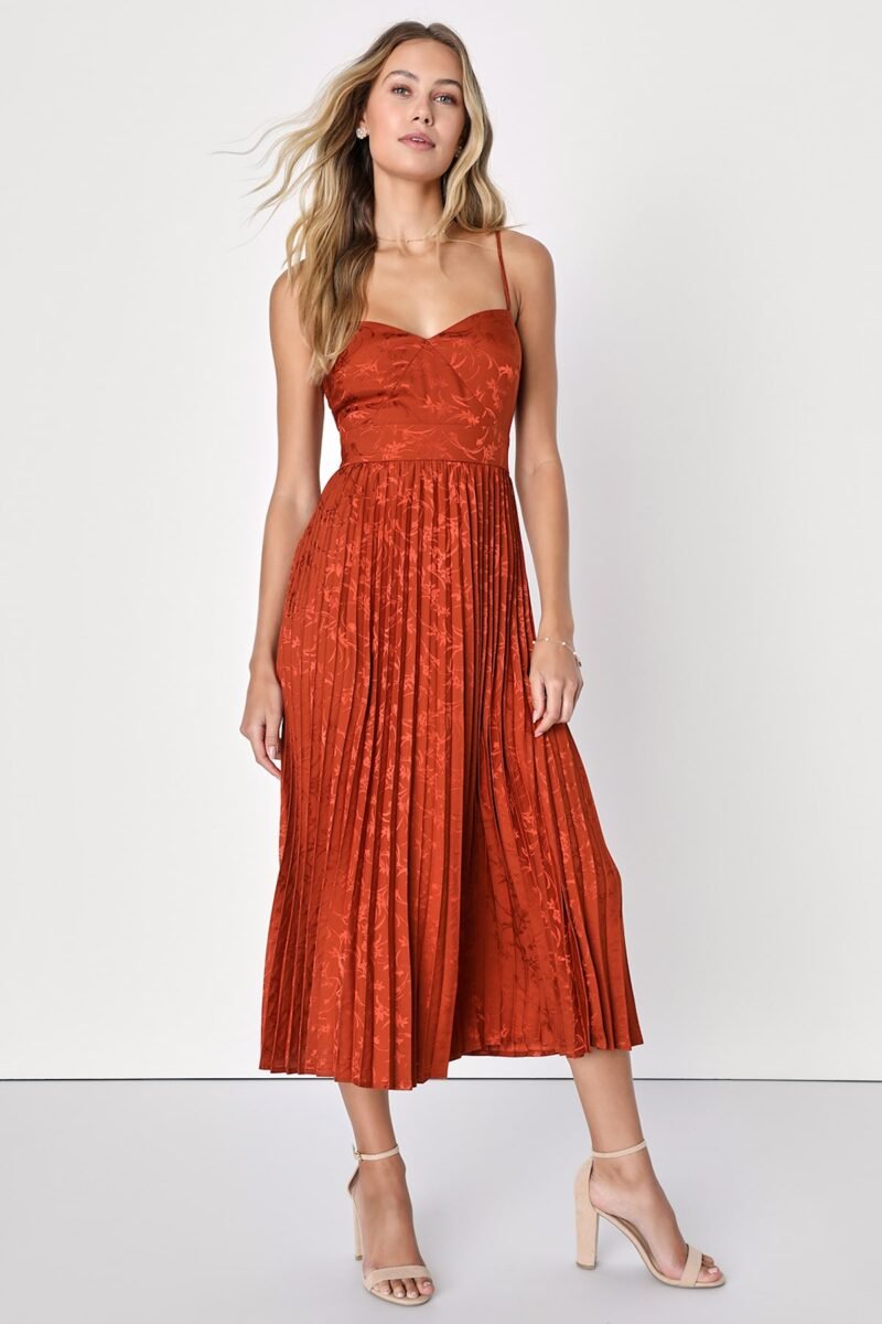 Regal Romance Rust Floral Jacquard Pleated Satin Midi Dress