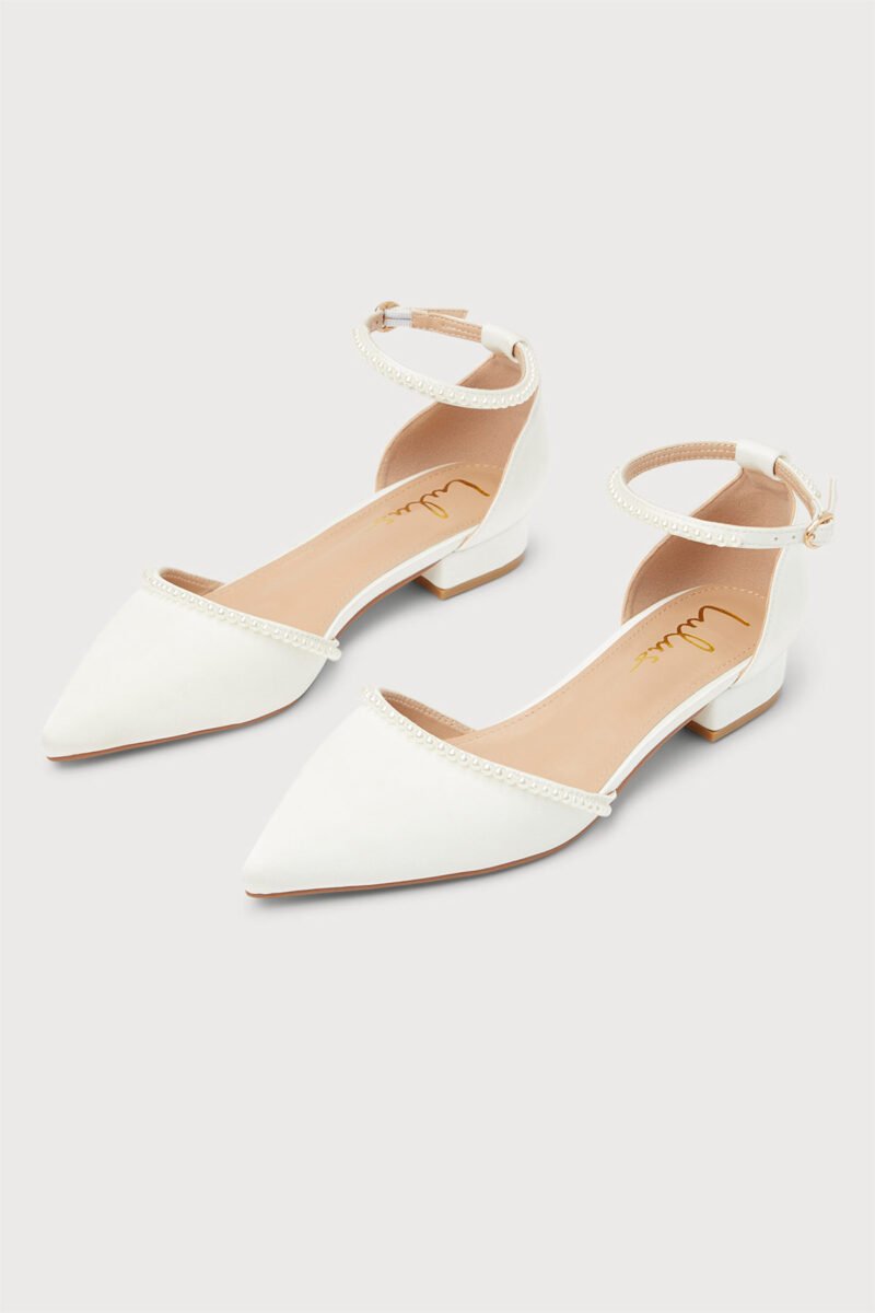 Phoebee White Satin Pearl Pointed Toe Ankle Strap Flats