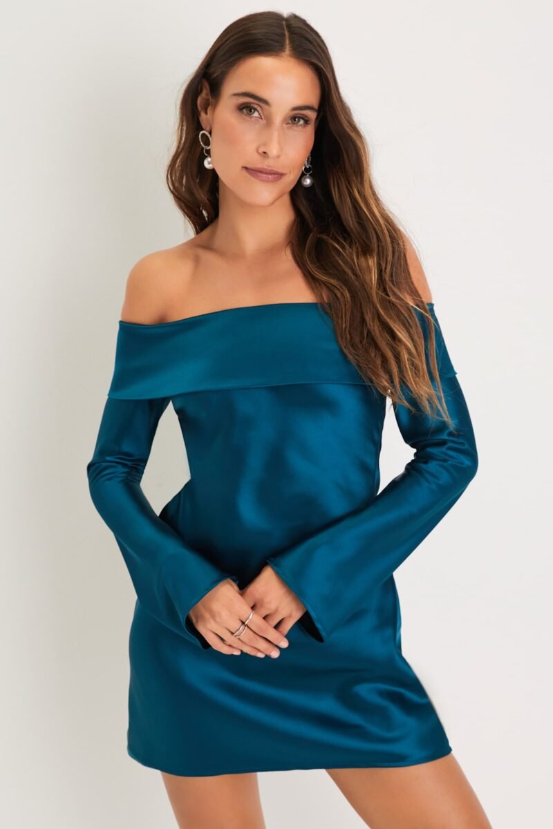 Luxurious Vision Teal Satin Off The Shoulder Mini Dress