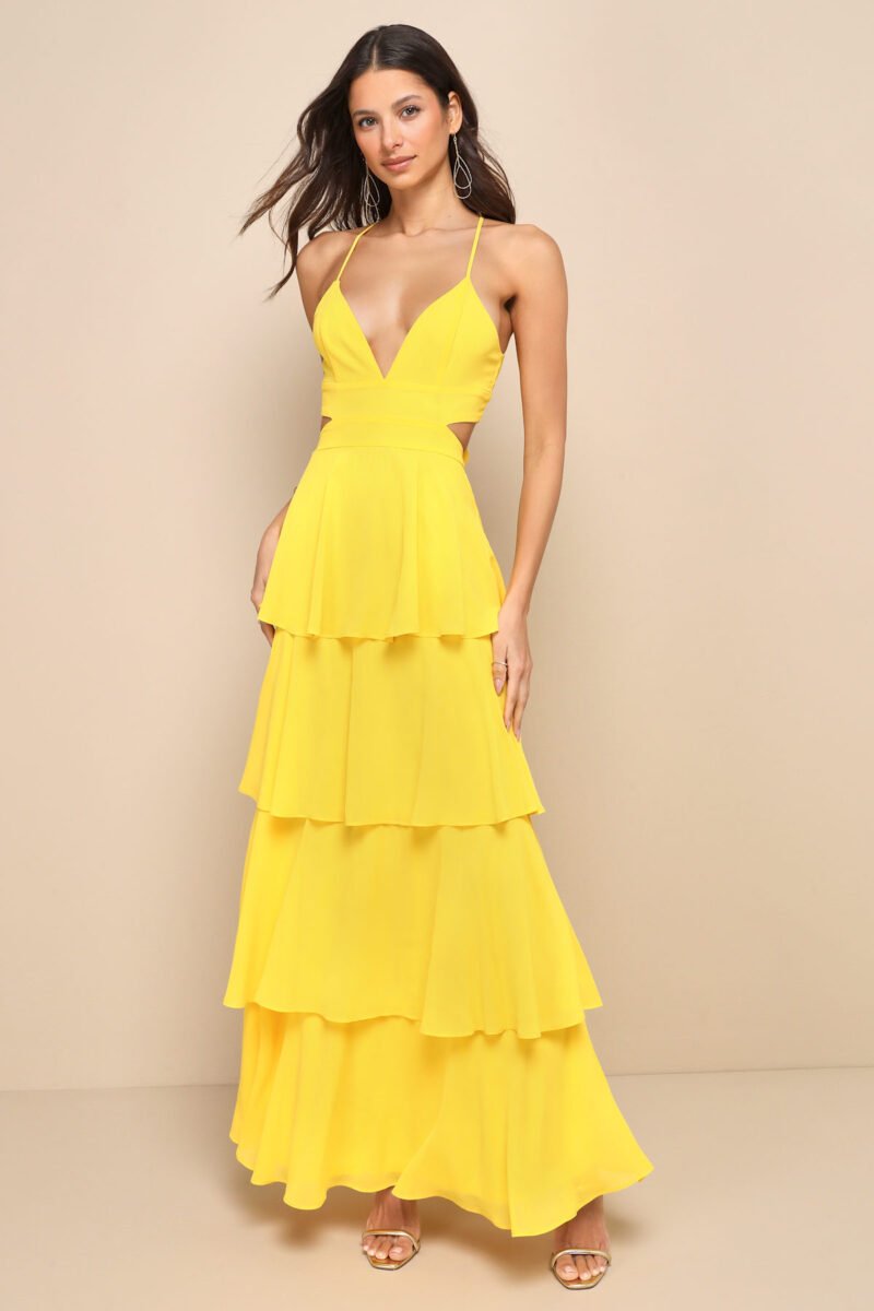 Tier And Now Yellow Tie Back Tiered Maxi Dress