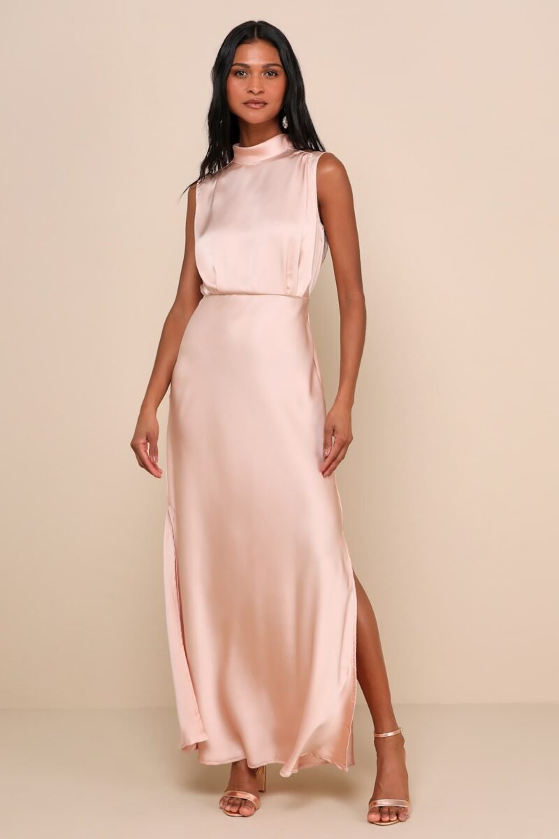 Classic Elegance Blush Satin Sleeveless Mock Neck Maxi Dress