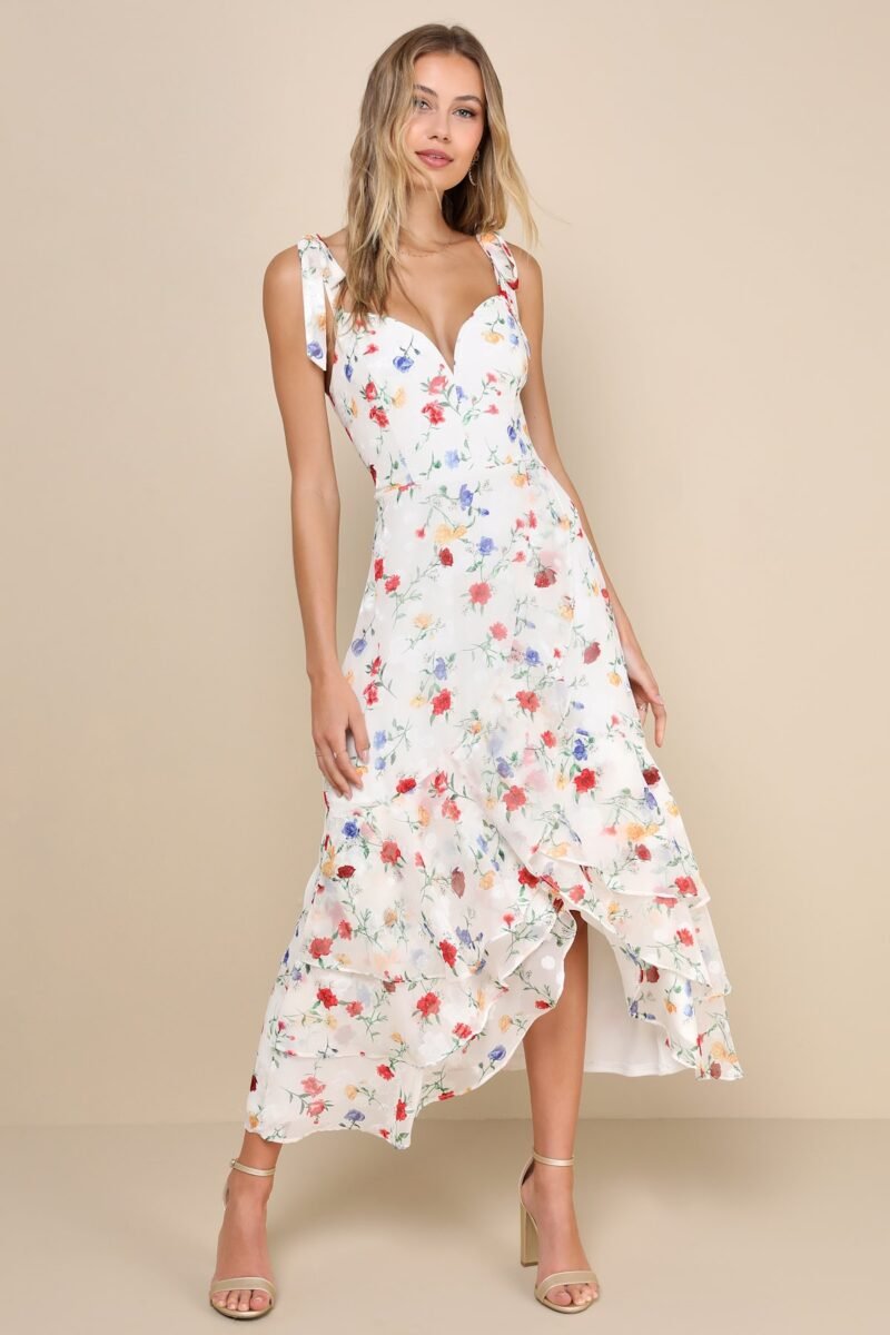 So Elevated Ivory Floral Jacquard Tie Strap High Low Midi Dress