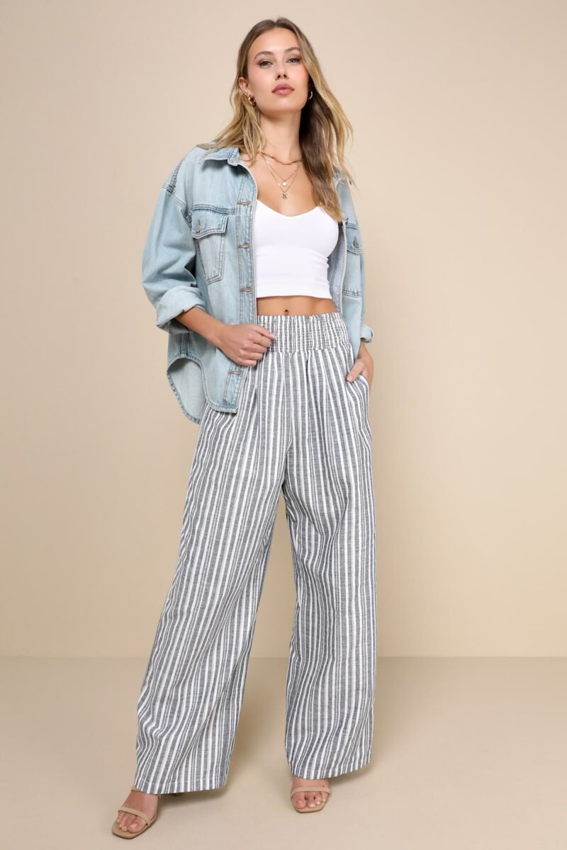 Breezy Getaway Blue And White Striped Linen Wide Leg Pants
