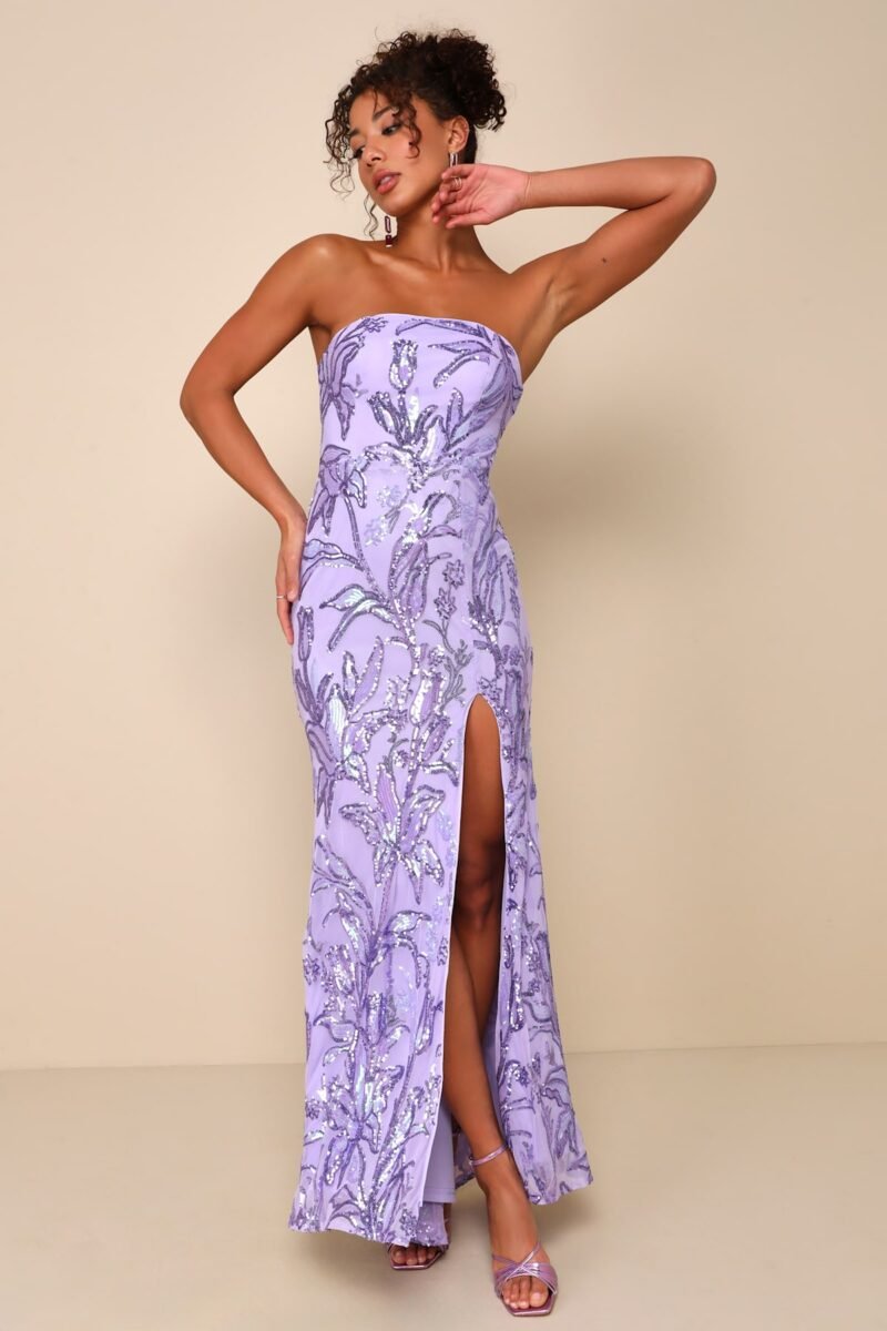 Shimmering Icon Lavender Sequin Lace Up Strapless Maxi Dress