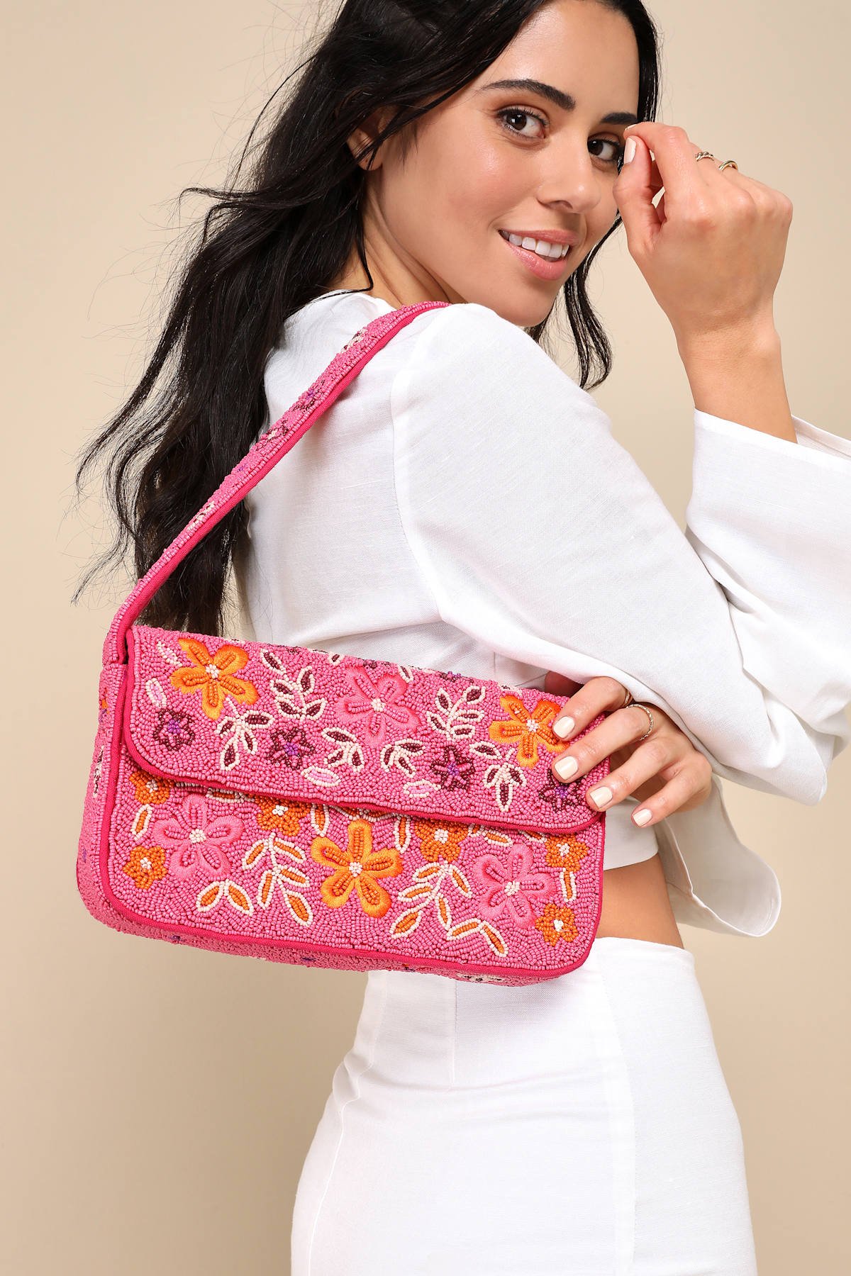 Bold Accent Hot Pink Multi Beaded Shoulder Bag - Image 3
