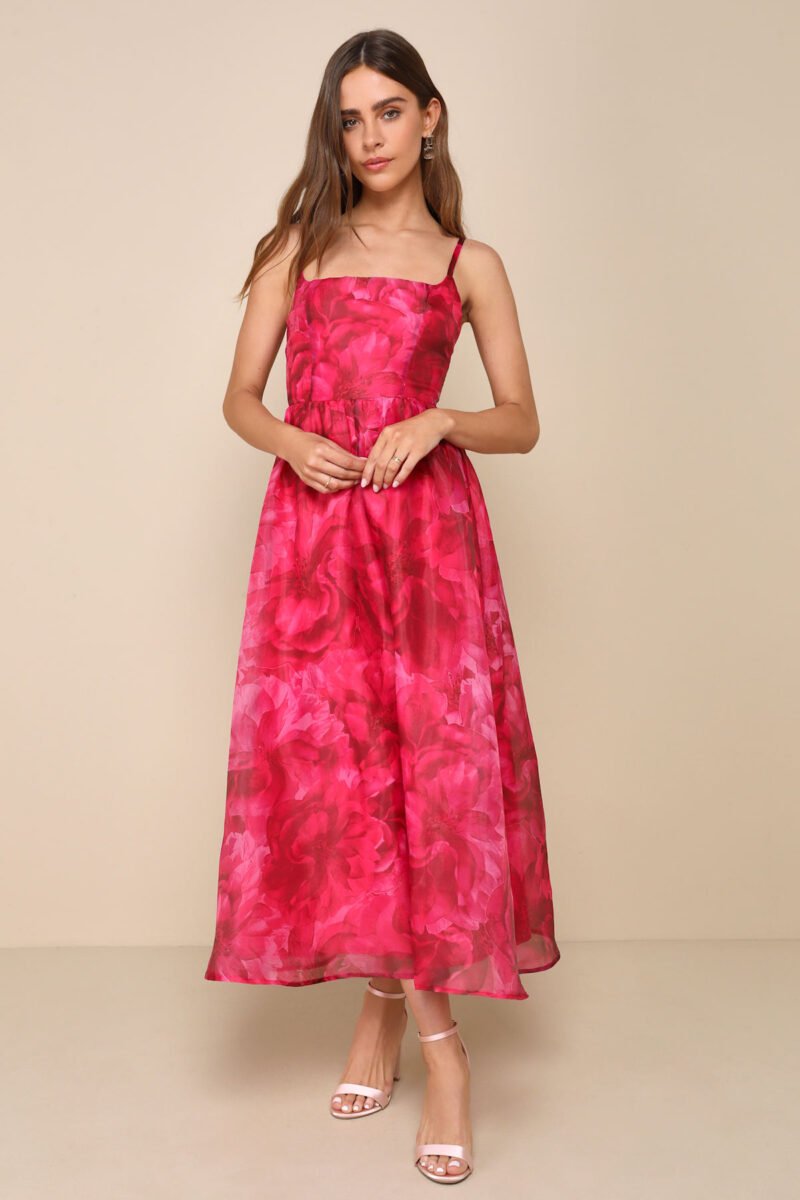 Darling Icon Dark Pink Floral Organza Lace Up Midi Dress