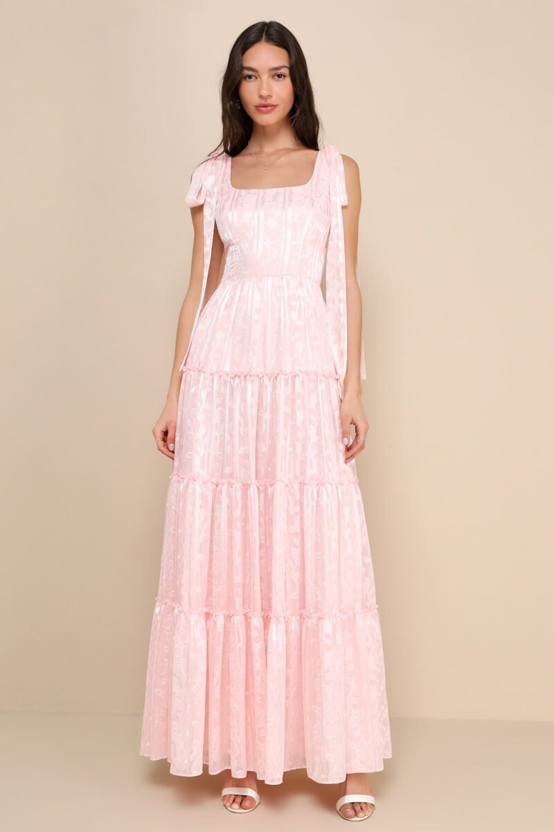 Picturesque Allure Blush Pink Jacquard Tie Strap Maxi Dress
