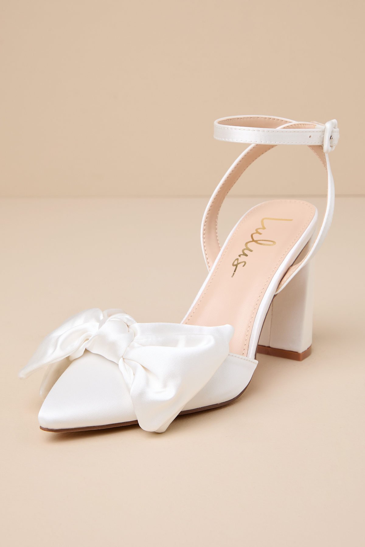 Suttonn Ivory Satin Bow Ankle Strap Pointed-Toe Pumps - Image 3