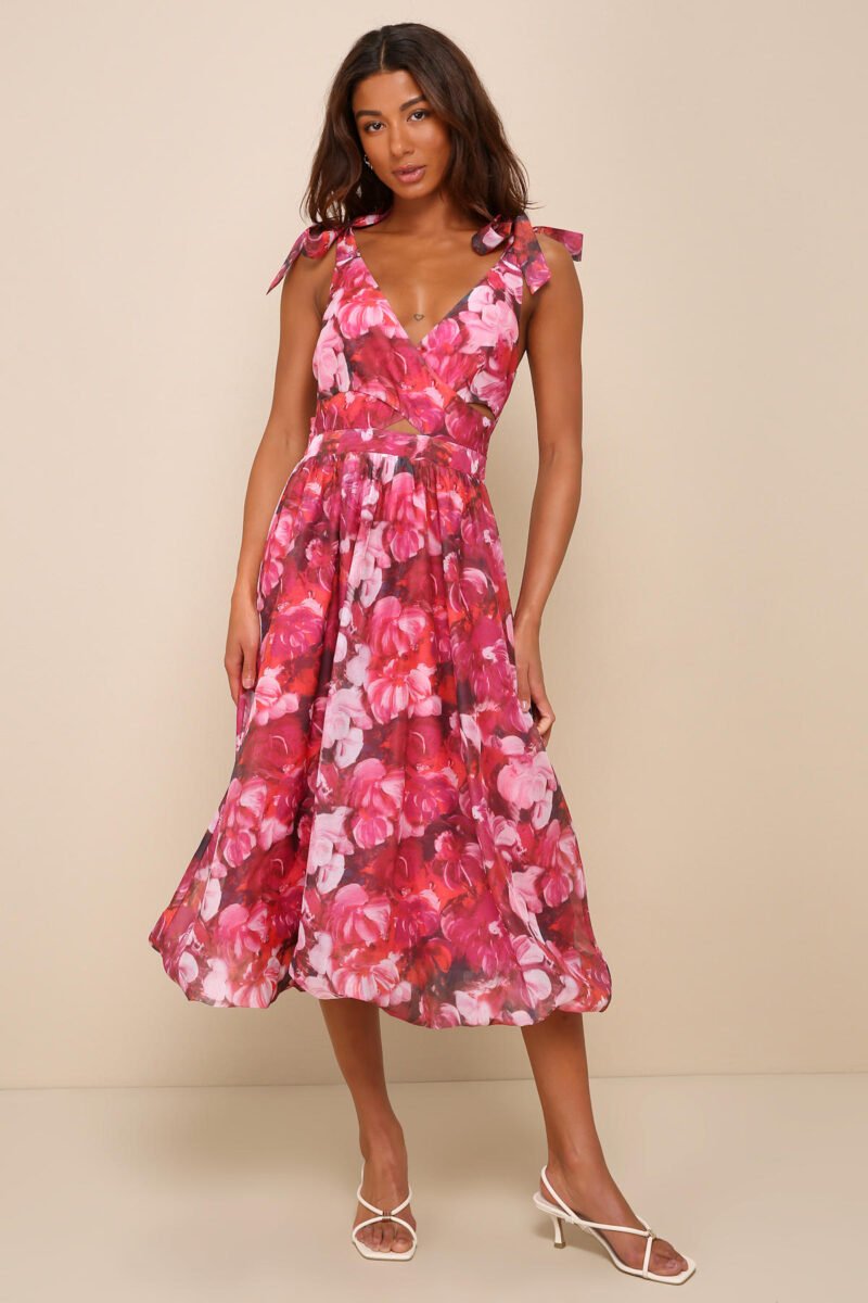 Flowering Day Dream Magenta Floral Organza Midi Bubble Dress