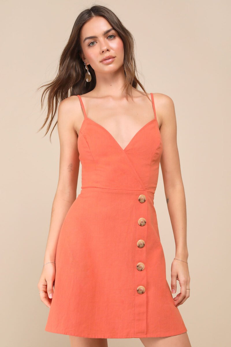 Sweet Breeze Orange Surplice Button Front Mini Dress