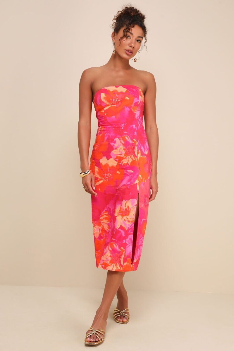 Bold Tendencies Fuchsia Floral Strapless Cutout Midi Dress