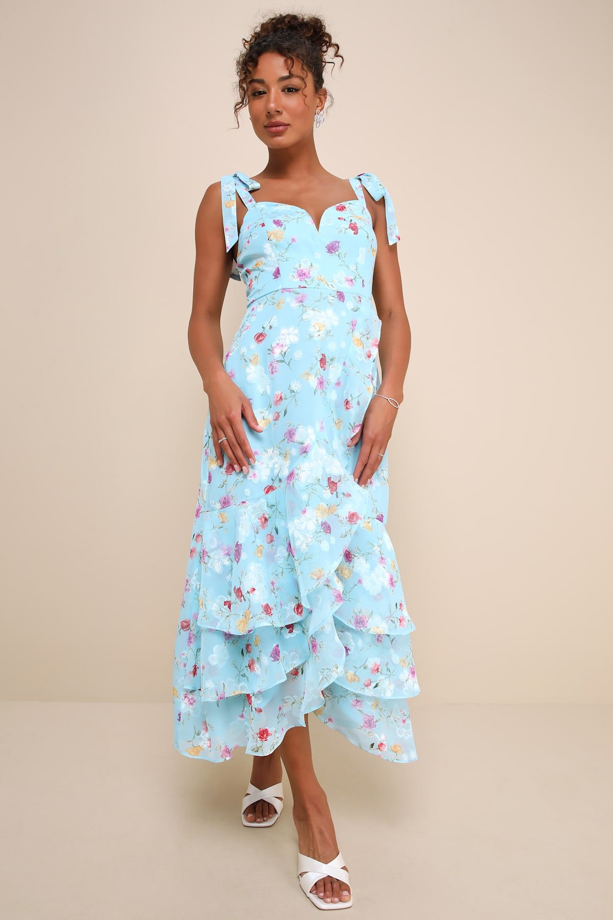 So Elevated Blue Floral Jacquard Tie Strap High Low Midi Dress