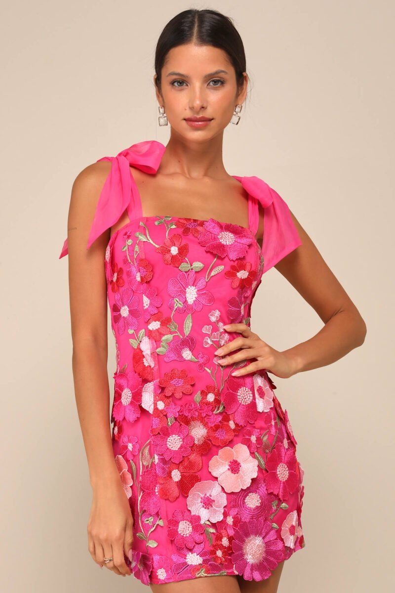 Emphatically Adorable Hot Pink Floral Tie Strap Mini Dress