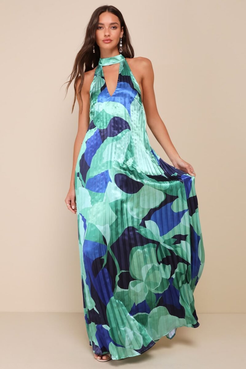 Prime Poise Green And Blue Abstract Satin Halter Maxi Dress