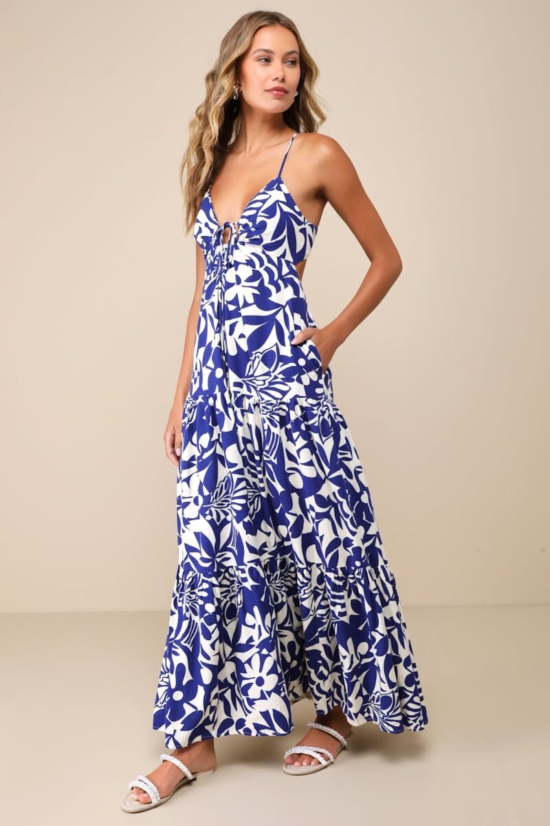 Mykonos Memories Blue And Ivory Abstract Maxi Dress With Pockets