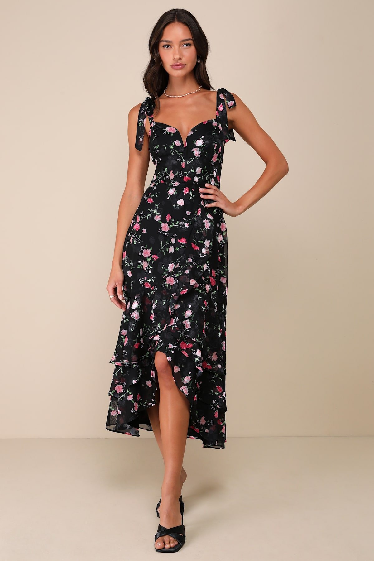 So Elevated Black Floral Jacquard Tie Strap High Low Midi Dress