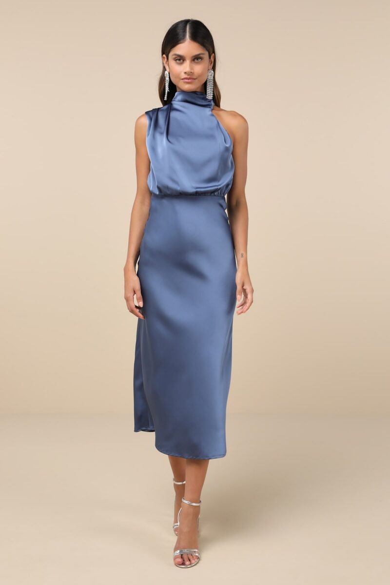 Distinctive Charm Slate Blue Satin Asymmetrical Midi Dress