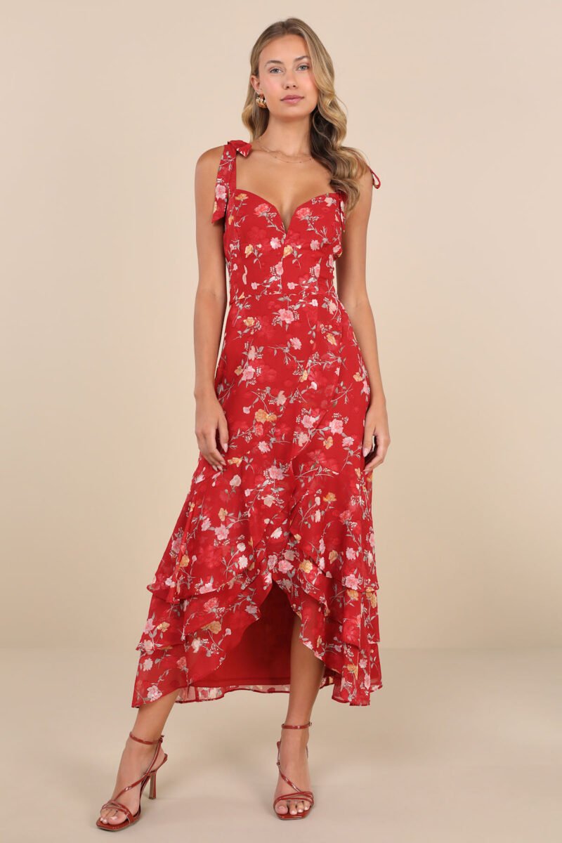 So Elevated Red Floral Jacquard Tie Strap High Low Midi Dress