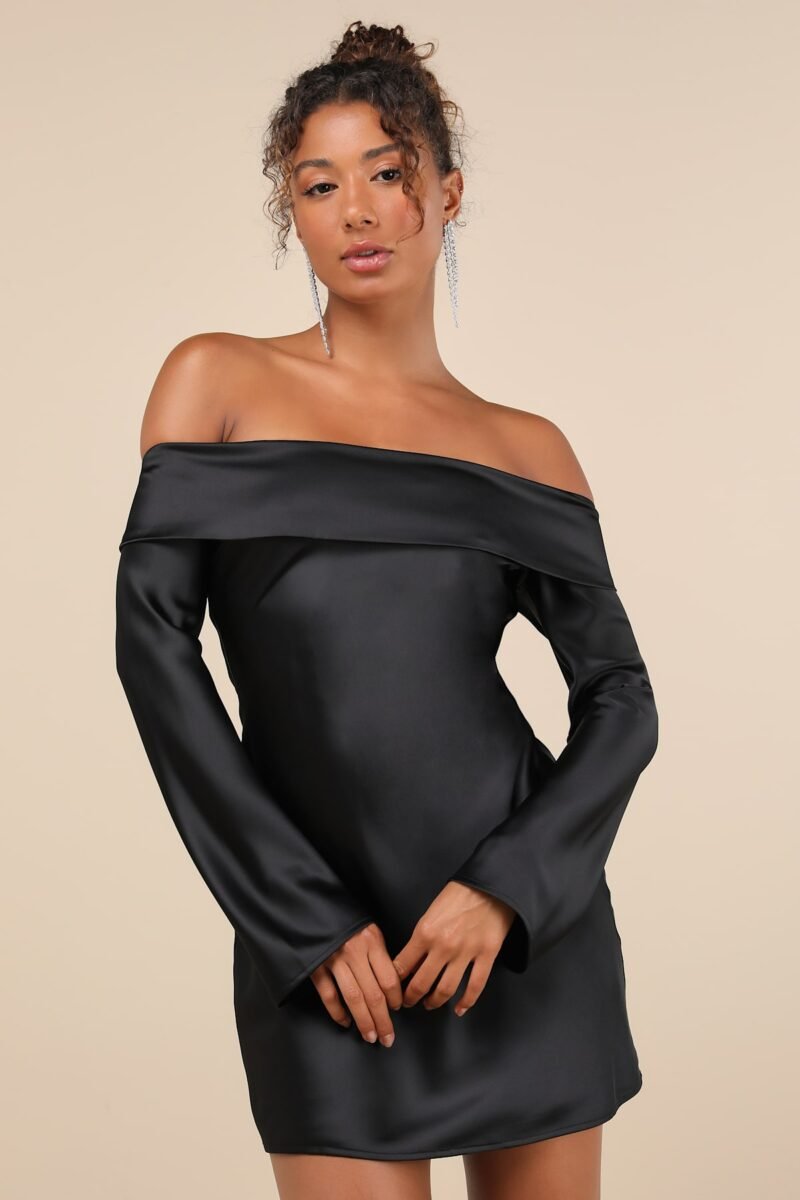Luxurious Vision Black Satin Off The Shoulder Mini Dress