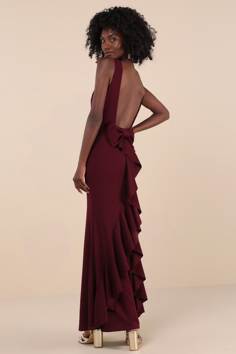 Exquisite Refinement Plum Purple Backless Bow Ruffled Maxi Dress