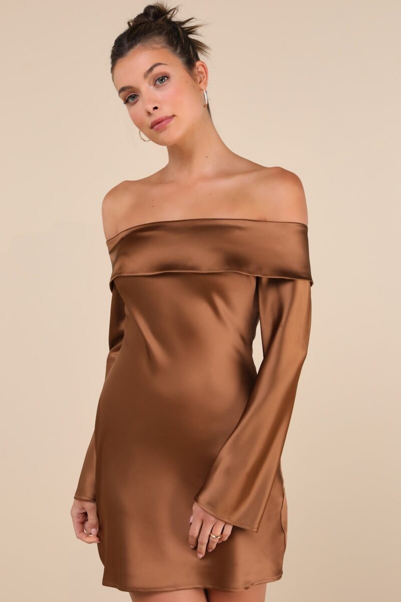 Luxurious Vision Brown Satin Off The Shoulder Mini Dress