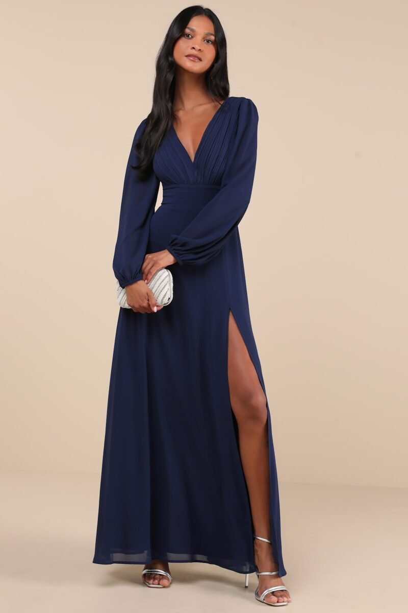 Marvelous Affair Navy Blue Pleated Lace Up Maxi Dress
