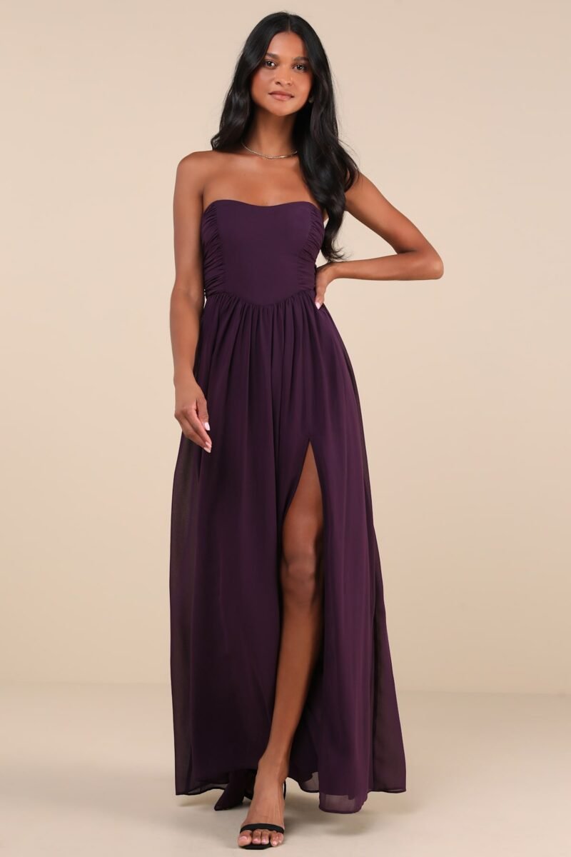Luxe Favorite Dark Purple Strapless Ruched Maxi Dress