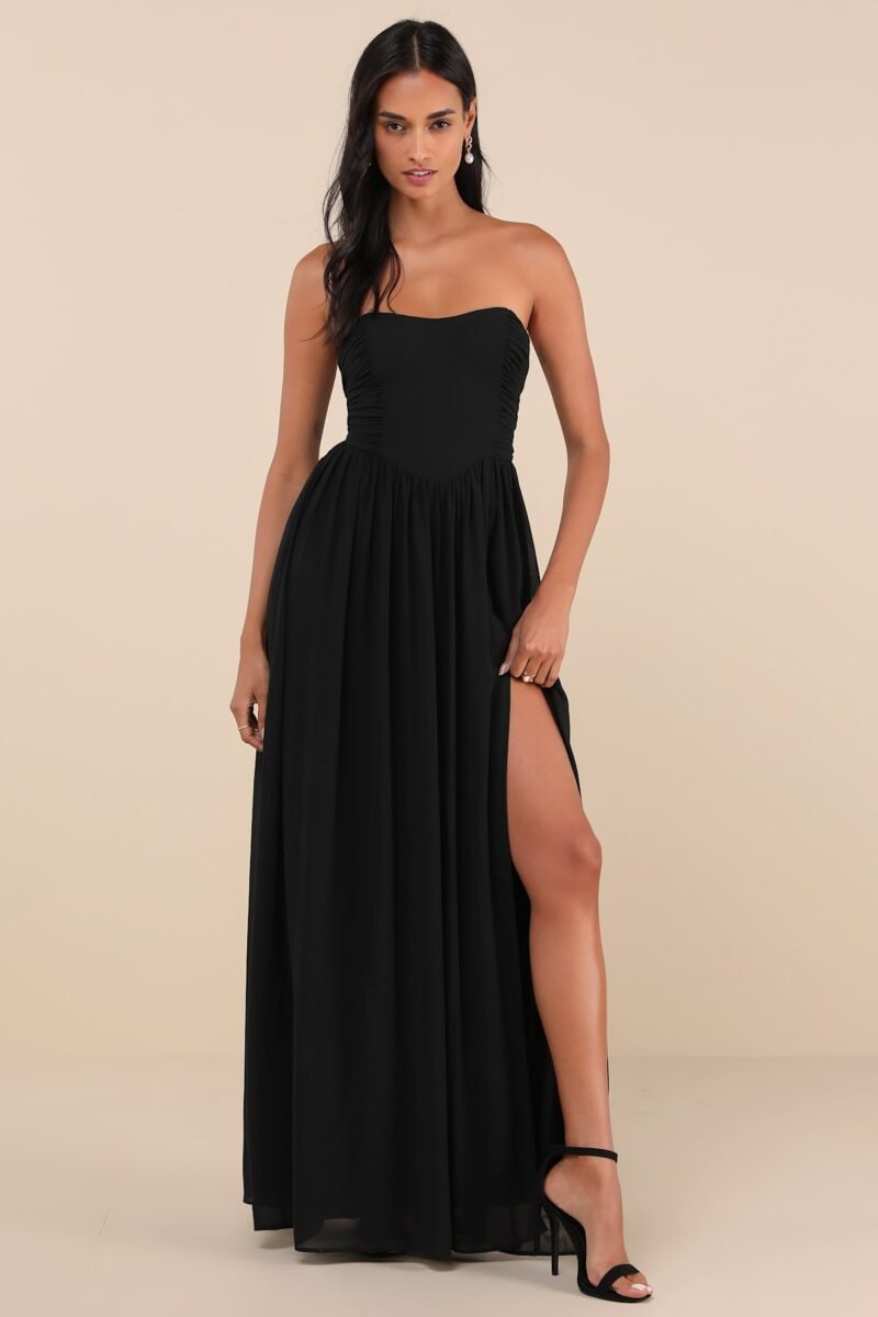 Luxe Favorite Black Strapless Ruched Maxi Dress