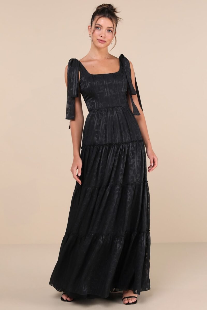 Picturesque Allure Black Jacquard Tie Strap Maxi Dress