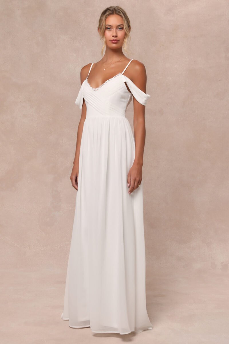 Marcelyn White Pleated Cold Shoulder Maxi Dress
