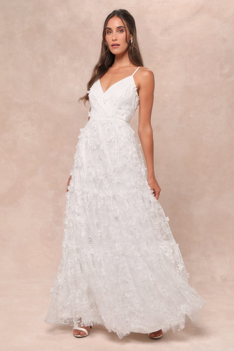 Adoringly Yours White Tiered 3d Floral Maxi Dress