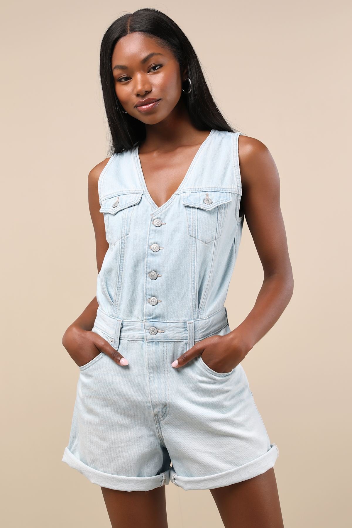Vest Light Wash Button Front Denim Romper