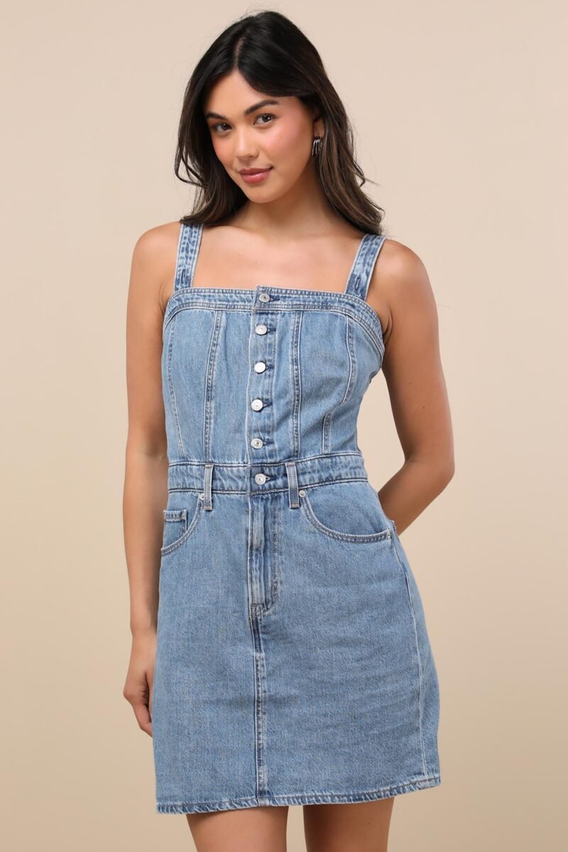 Iconic Medium Wash Denim Button Up Mini Dress