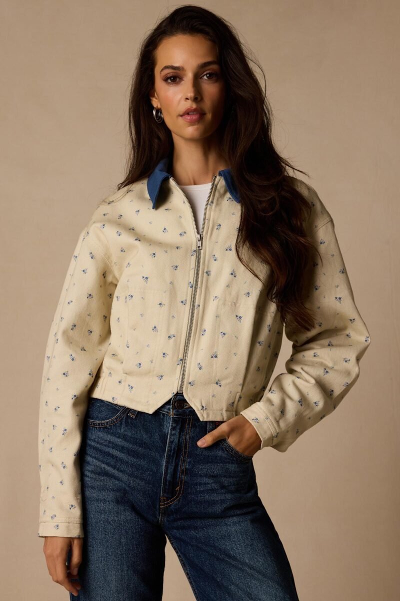 Pomelina Cream Floral Twill Collared Jacket