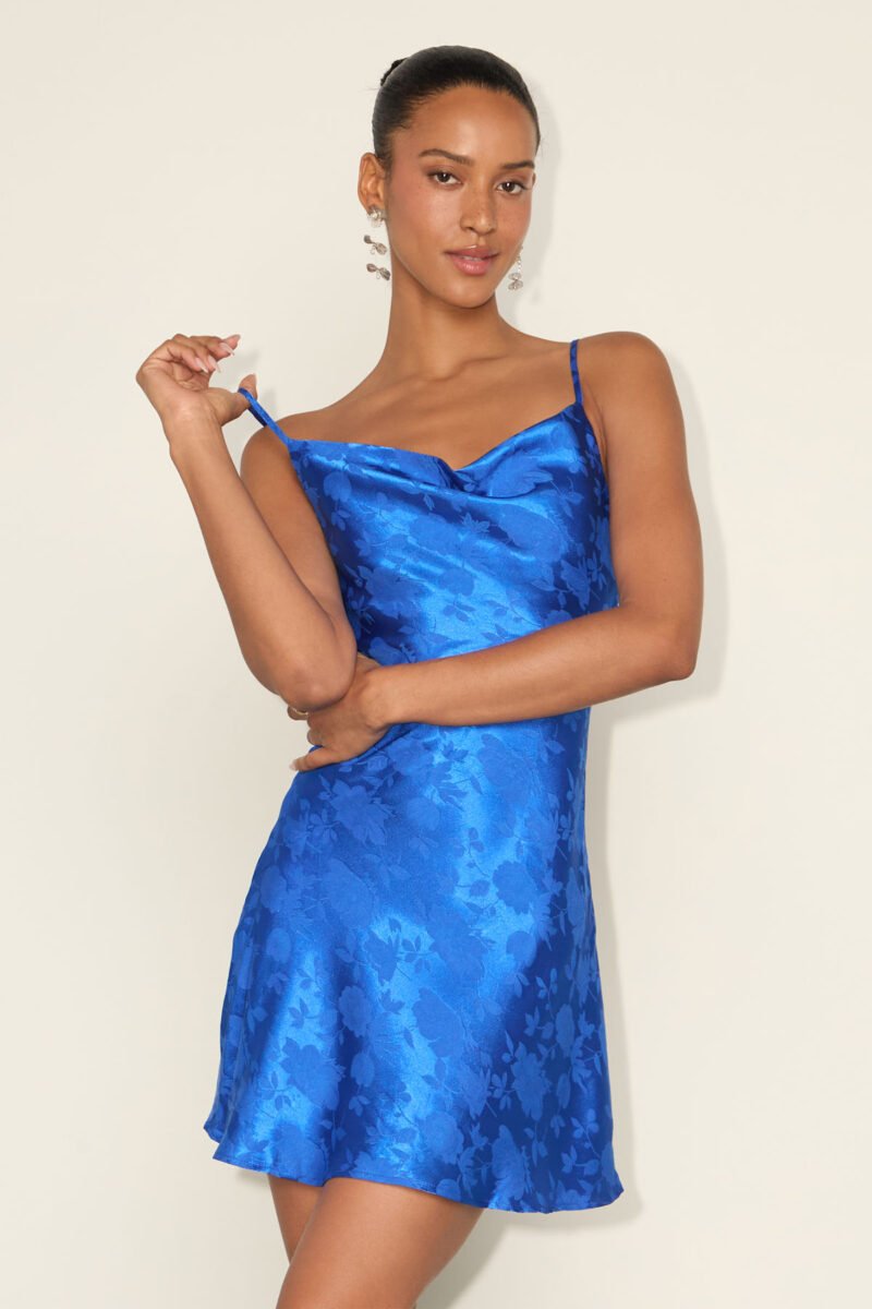 Close To Your Heart Royal Blue Satin Jacquard Cowl Slip Dress