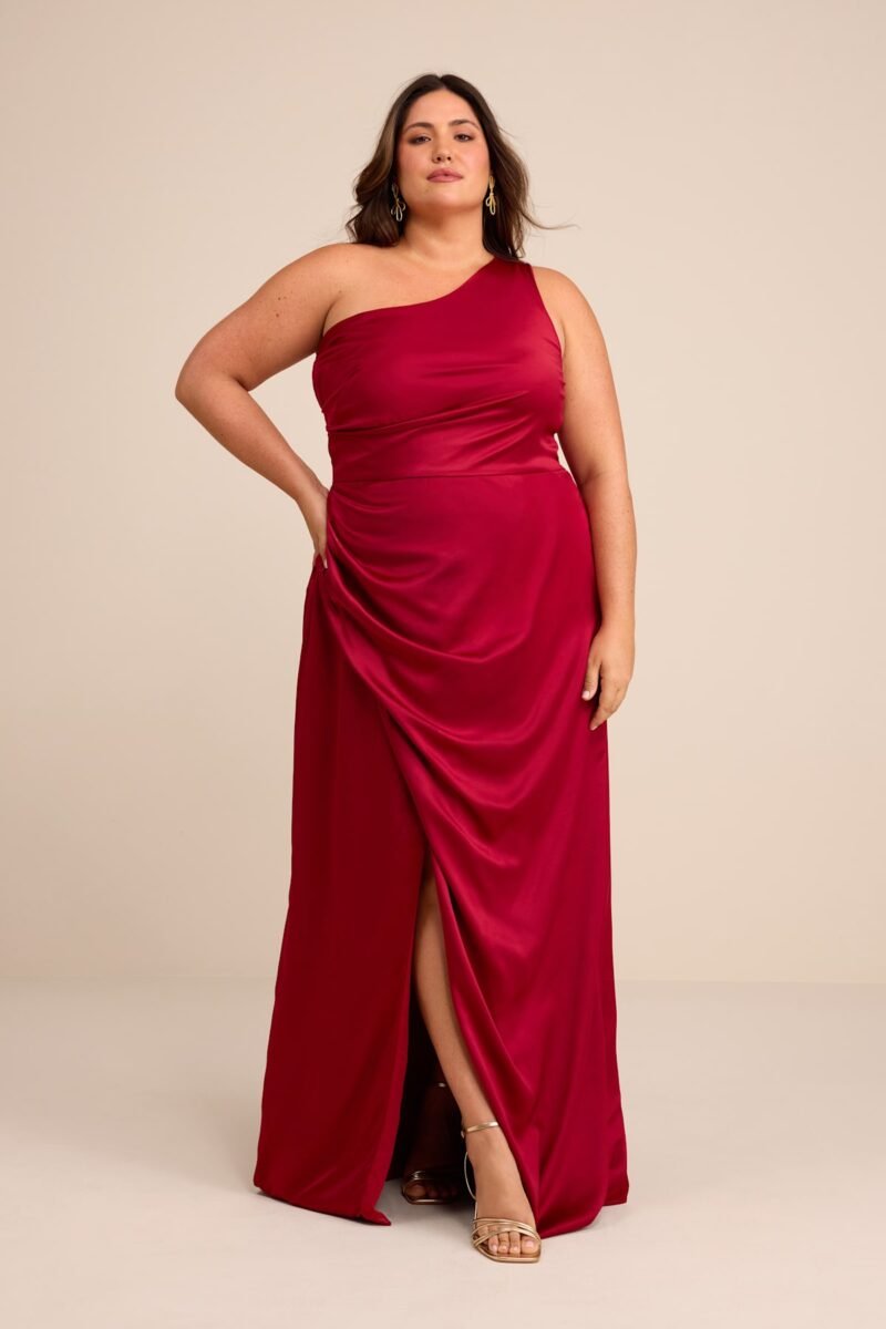 Dreaming Of Elegance Wine Red Satin One Shoulder Maxi Dress