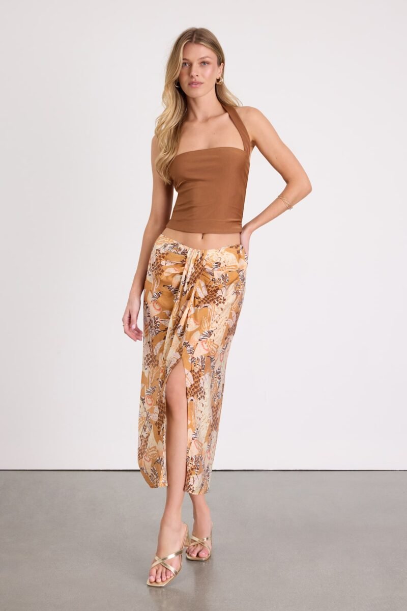 Something Wild Brown Multi Print Twist Front Midi Skirt