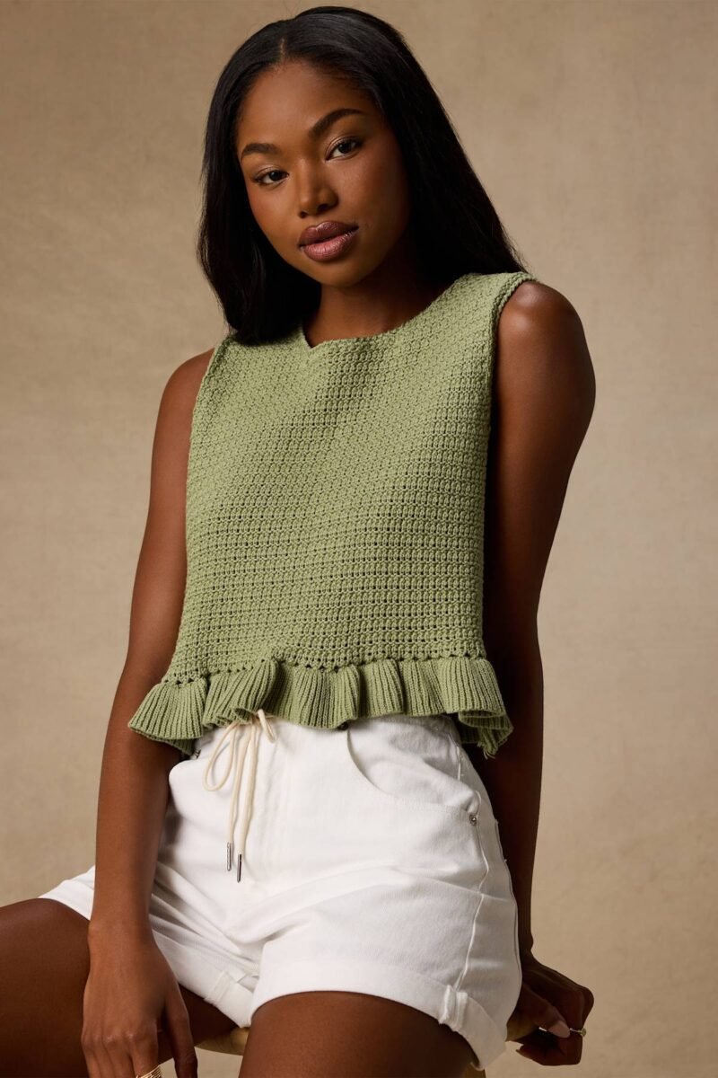 Flouncin Around Dusty Olive Cropped Ruffled Sweater Tank