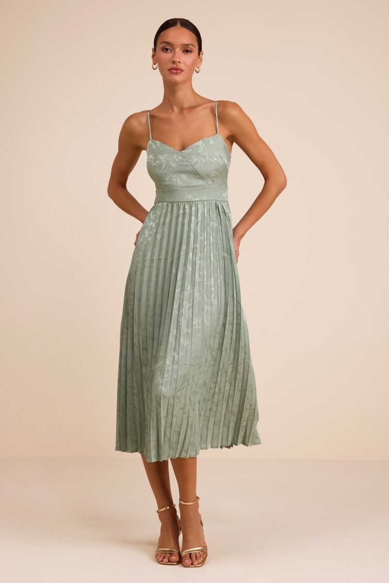 Regal Romance Sage Floral Jacquard Pleated Satin Midi Dress