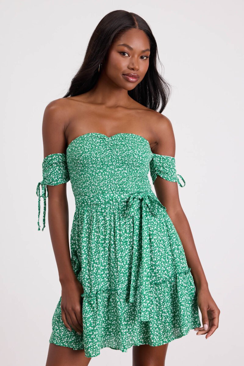 Sweetest Feelings Green Floral Off The Shoulder Mini Dress