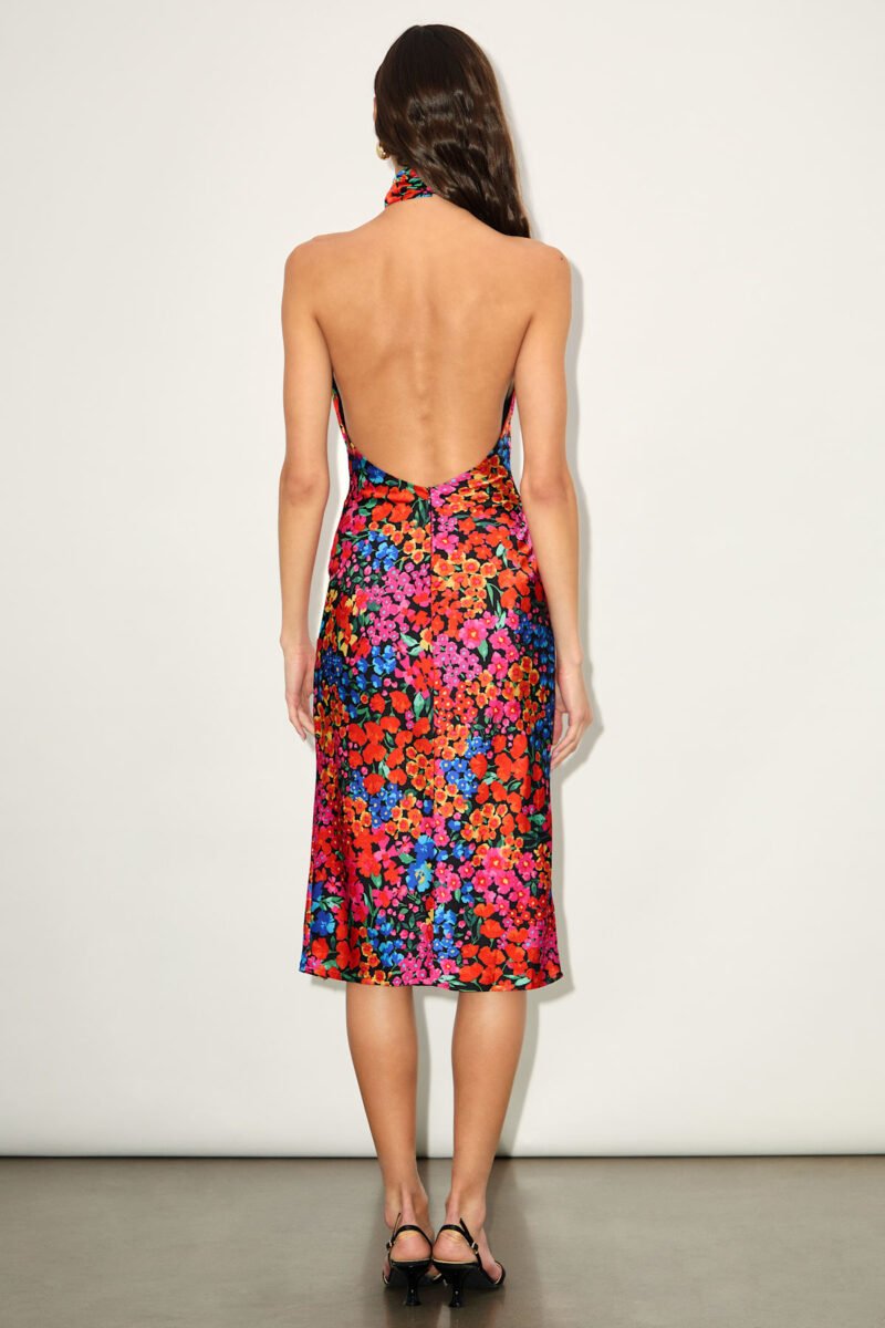 Bold Presence Black And Red Multi Floral Satin Halter Midi Dress