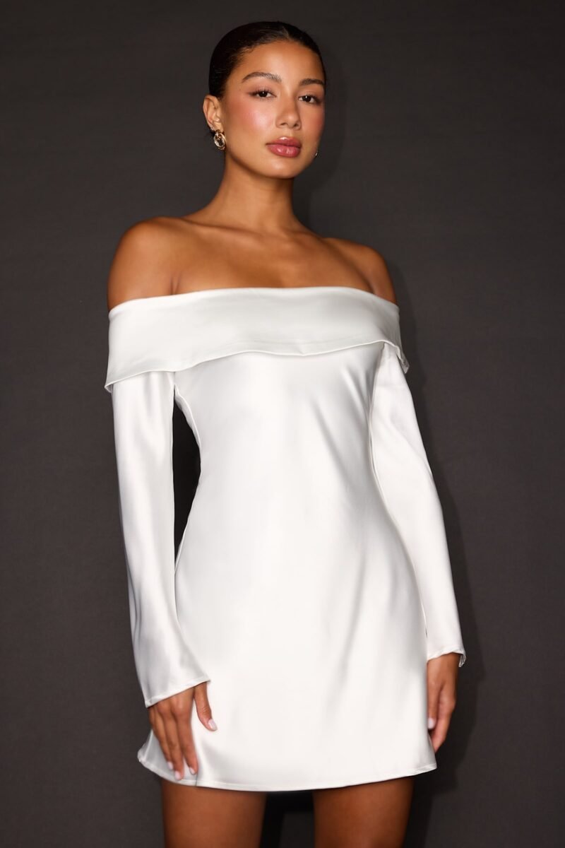 Luxurious Vision White Satin Off The Shoulder Mini Dress