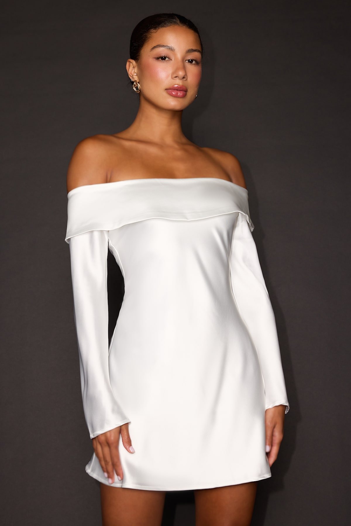 Luxurious Vision White Satin Off The Shoulder Mini Dress