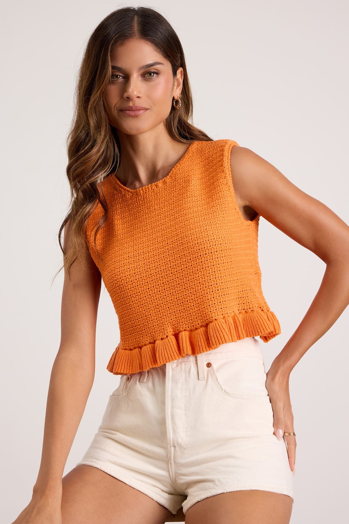 Flouncin Around Orange Cropped Ruffled Sweater Tank