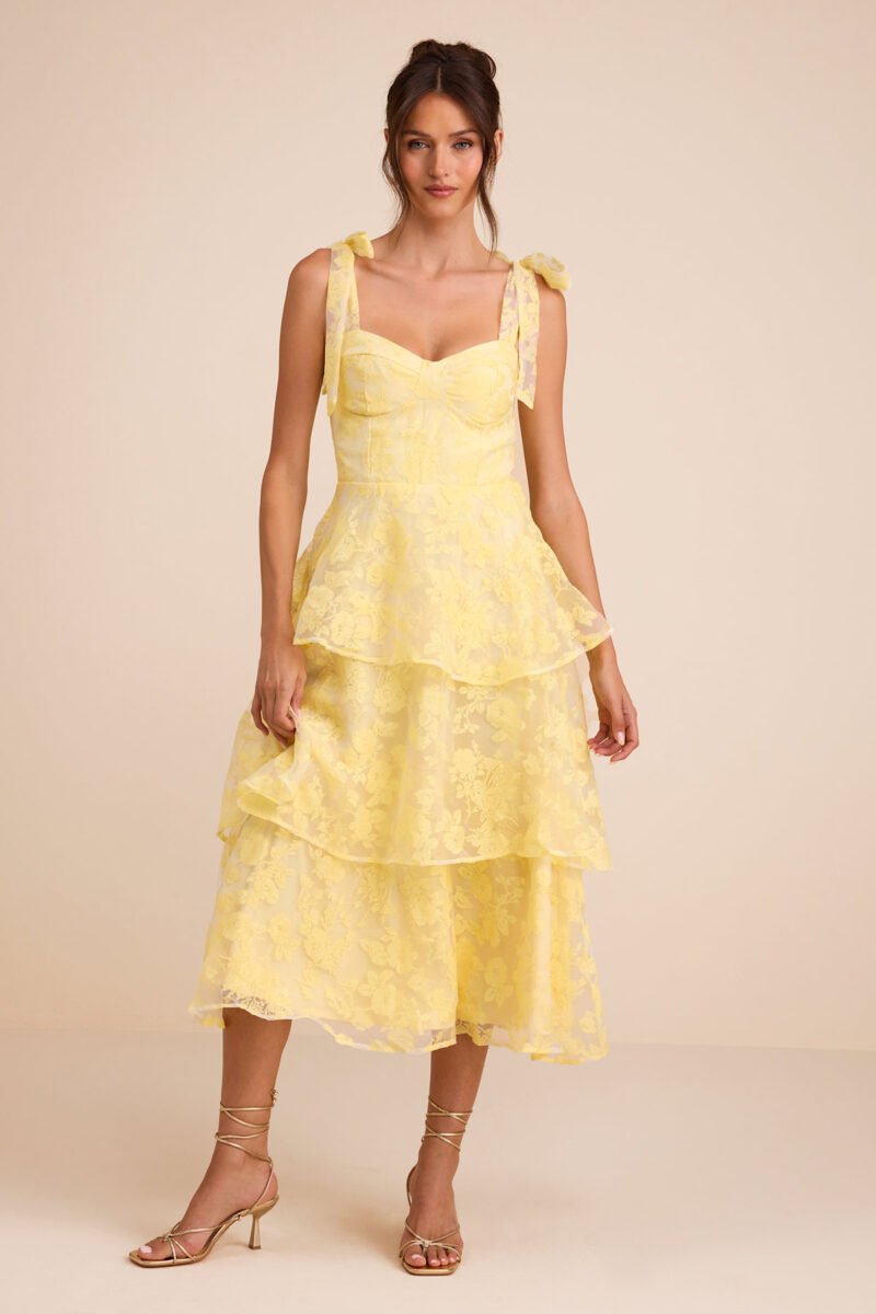 Glamorous Sweetie Yellow Burnout Tie Strap Bustier Midi Dress