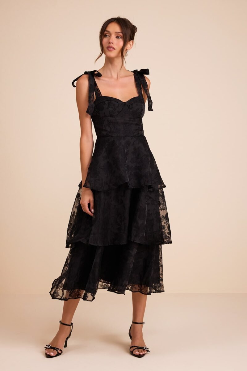 Glamorous Sweetie Black Burnout Tie Strap Bustier Midi Dress