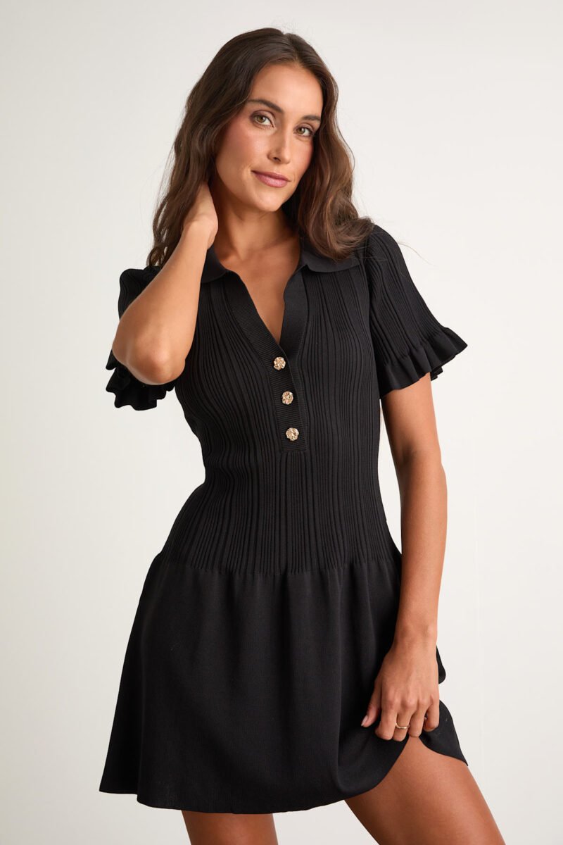 Yavina Black Collared Skater Sweater Mini Dress