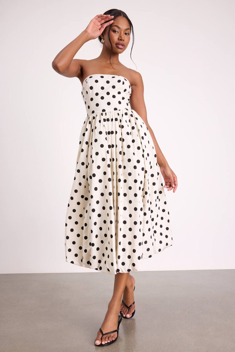 Terrance Ivory Polka Dot Strapless Bubble Hem Midi Dress