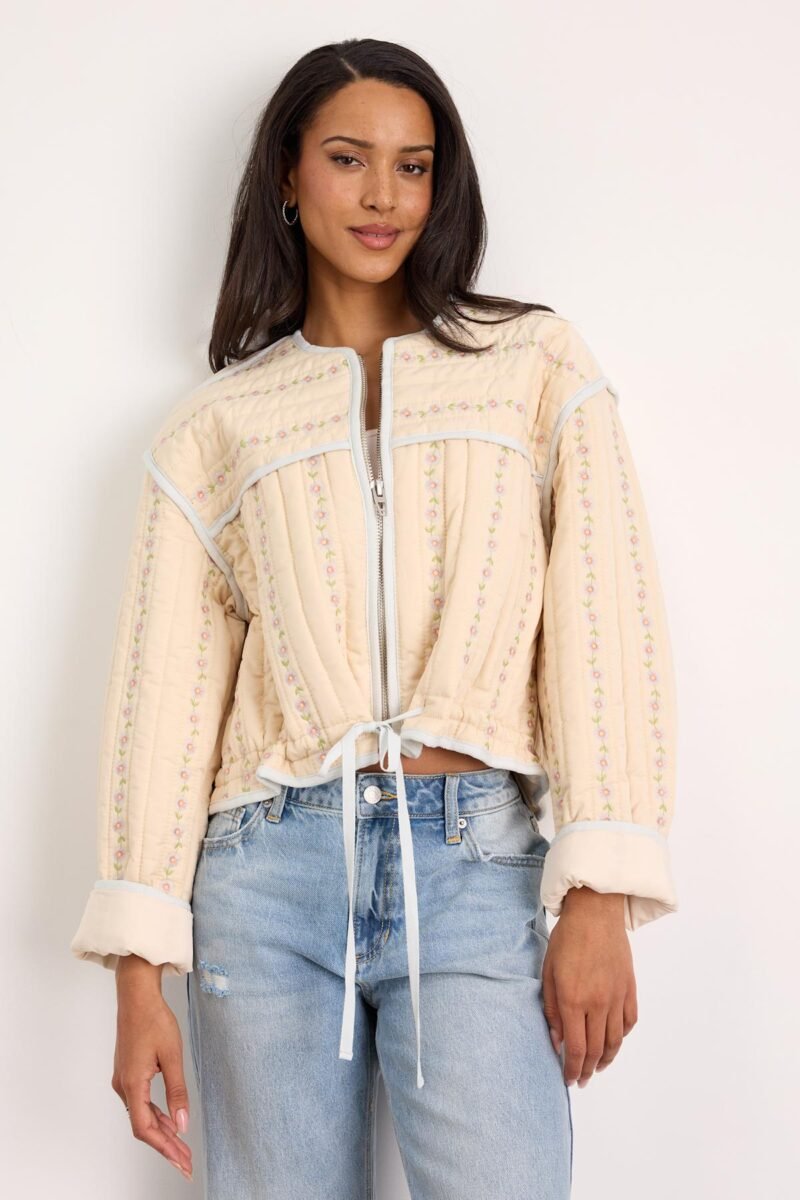 Feeling Pretty Cream Floral Quilted Zip Up Jacket